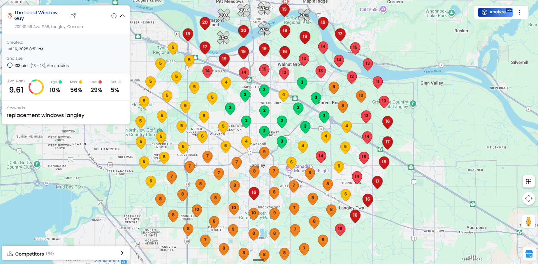 Before local rankings - scattered yellow and red markers showing poor rankings