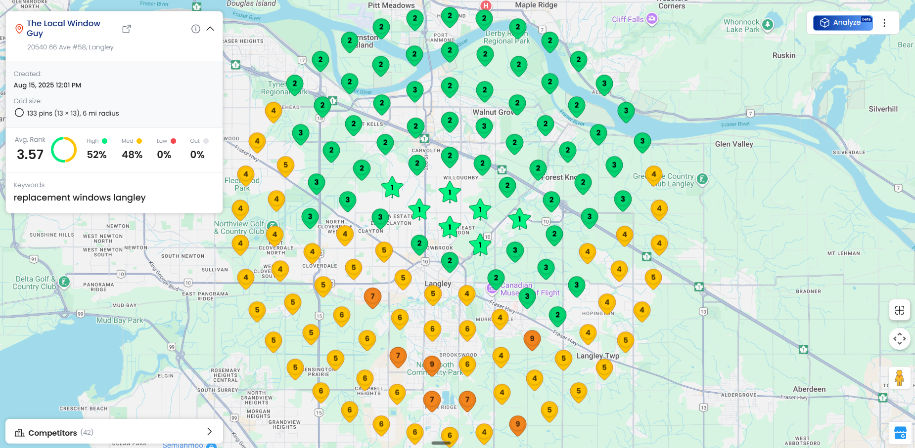 After local rankings - dominant green markers showing top rankings
